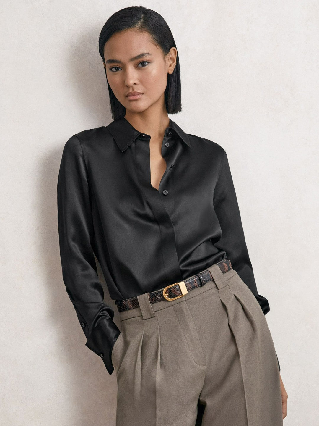 Silk-Satin Concealed-Placket Shirt Black | Womens