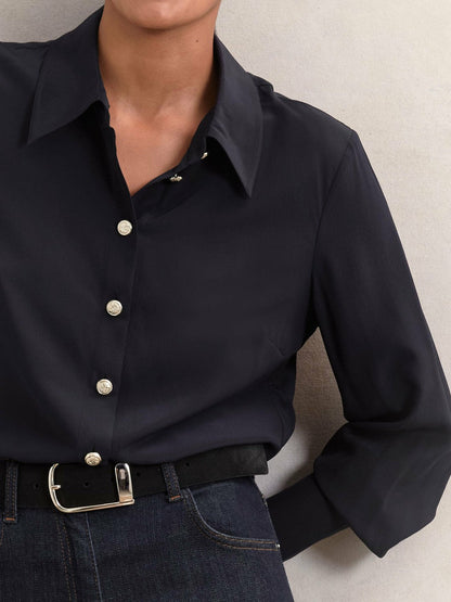 Silk Embossed-Button Shirt Navy | Womens