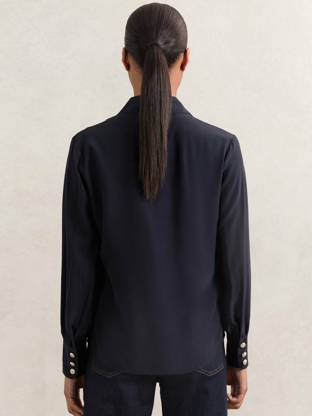 Silk Embossed-Button Shirt Navy | Womens