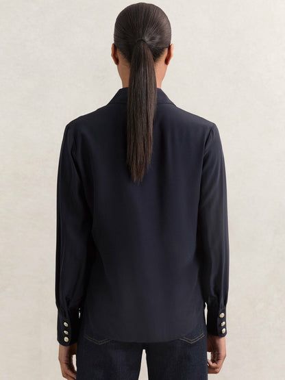 Silk Embossed-Button Shirt Navy | Womens