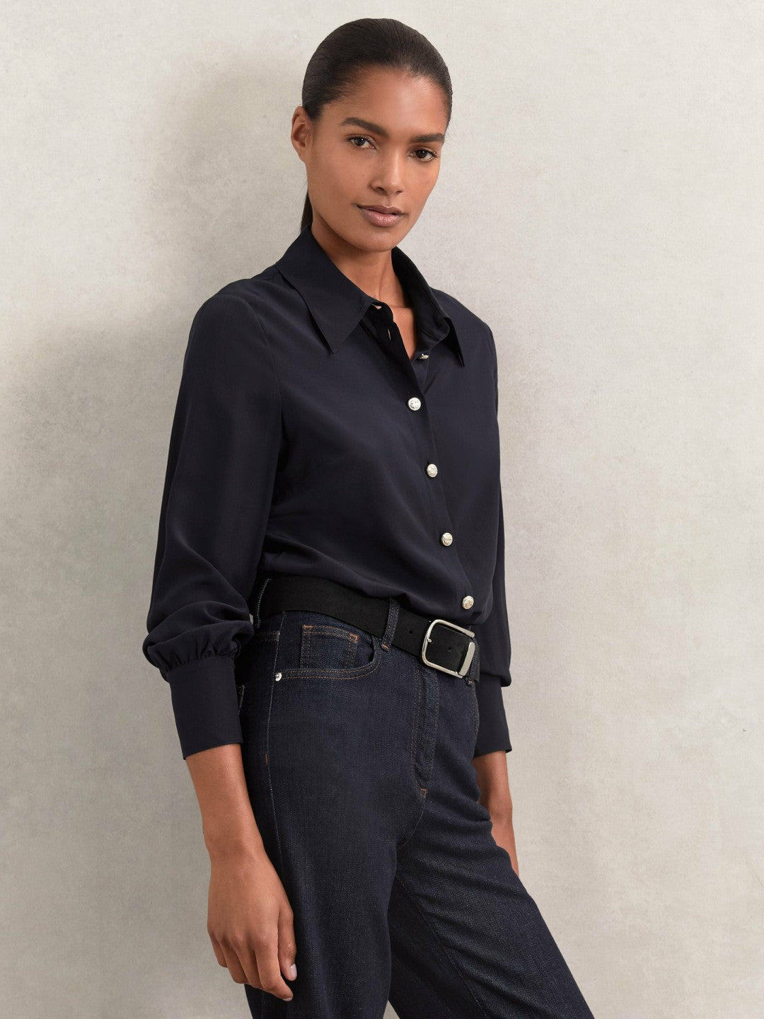 Silk Embossed-Button Shirt Navy | Womens