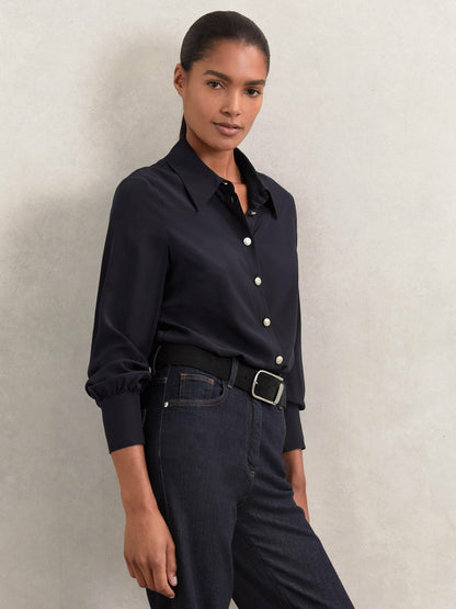 Silk Embossed-Button Shirt Navy | Womens