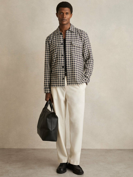 Woven Check Twin Pocket Overshirt Navy/White | Mens