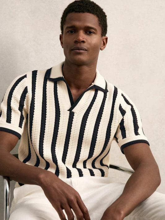Cotton Blend Stripe Knit Polo Shirt Off White/Navy | Mens