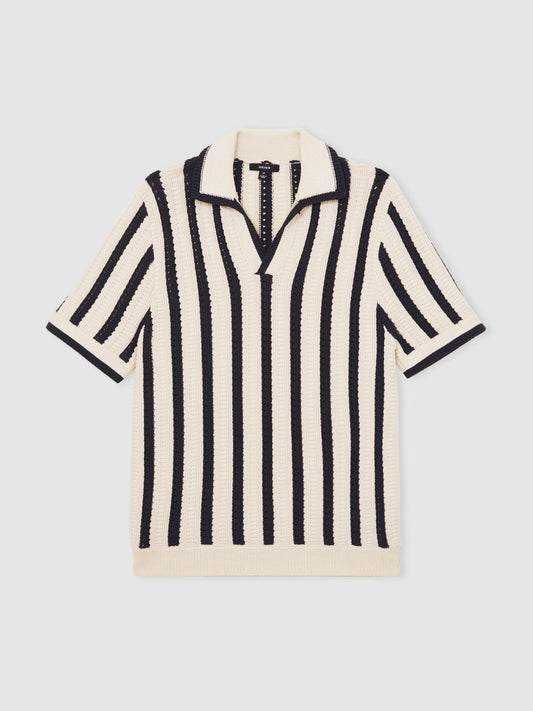 Cotton Blend Stripe Knit Polo Shirt Off White/Navy | Mens