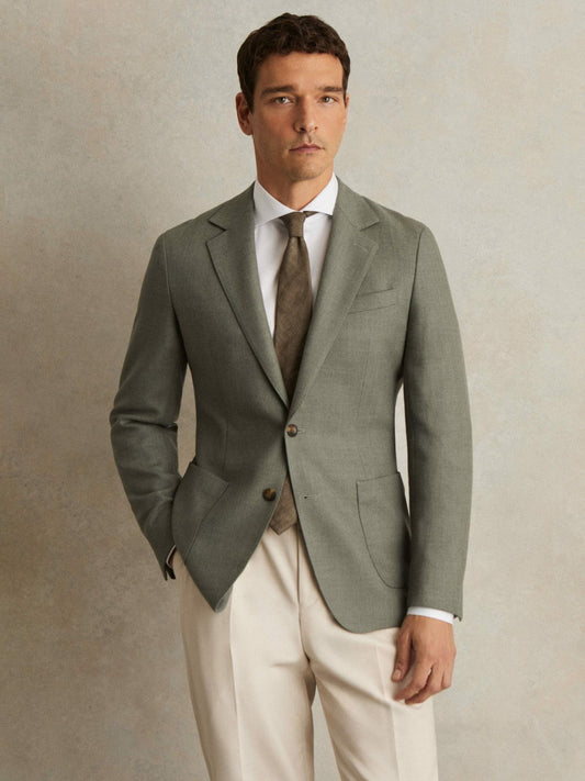 Wool-Blend Single-Breasted Blazer Slim-Fit Sage Green | Mens