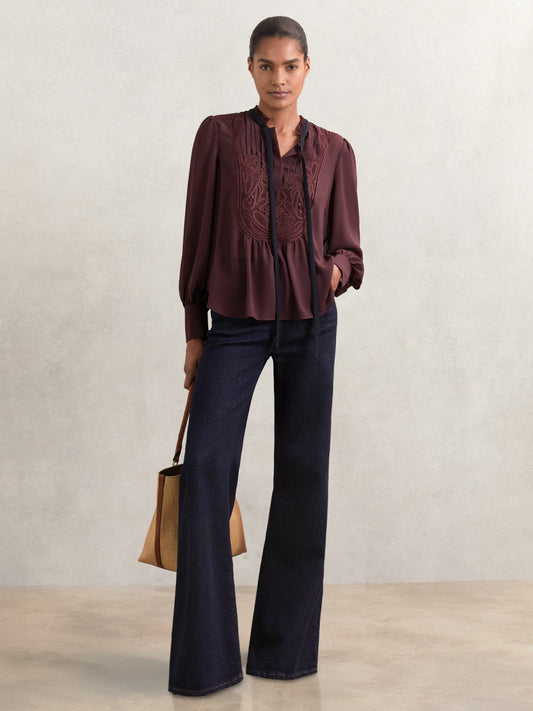 Lace-Embroidered Tie-Neck Shirt Burgundy | Womens