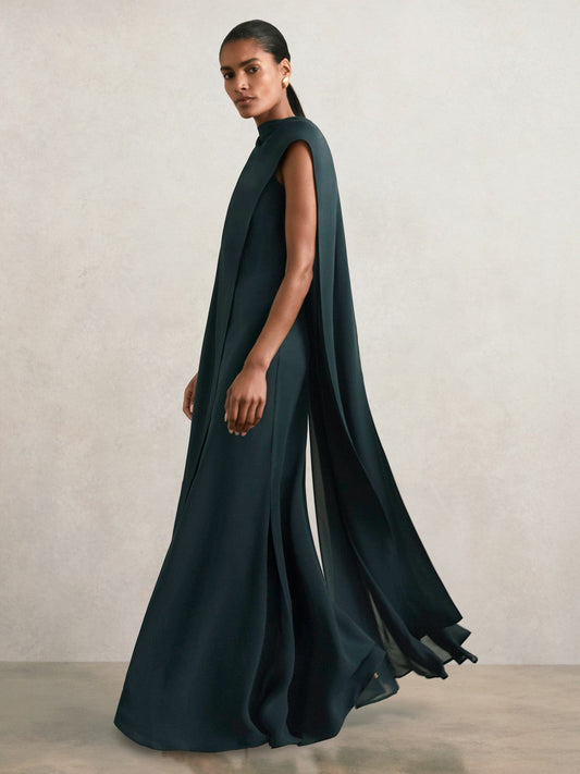 Crepe Cape Maxi Dress Teal Green | Womens