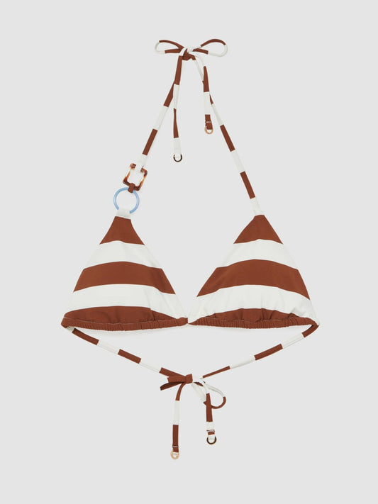 Stripe Halterneck Triangle Bikini Top Navy/Brown | Womens