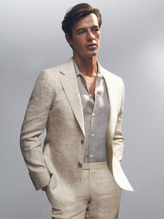 Linen-Cotton Single-Breasted Suit Blazer Slim-Fit Stone | Mens