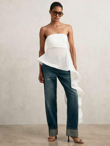 Silk Asymmetric-Ruffle Bandeau Top Ivory | Womens