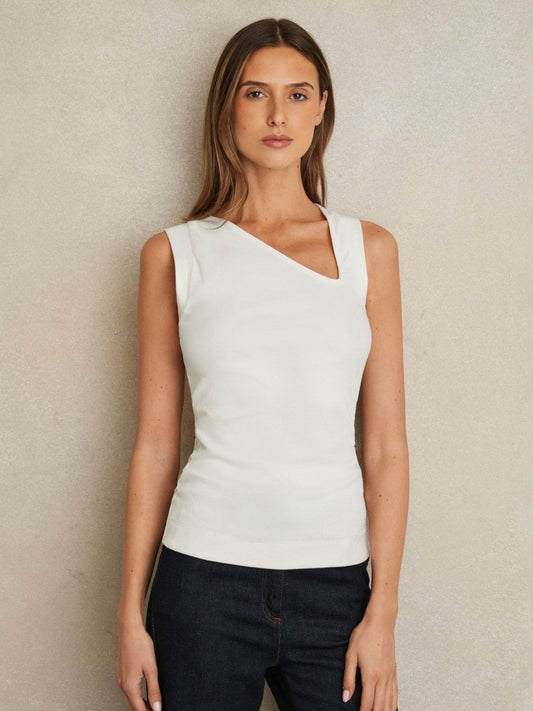Stretch-Cotton Ribbed Asymmetric Vest White | Womens