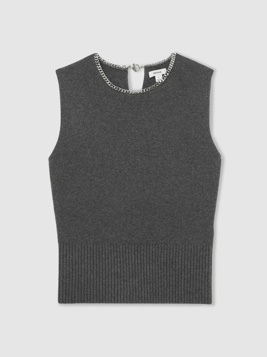 Wool-Blend Necklace-Trim Knitted Vest Charcoal Grey | Womens