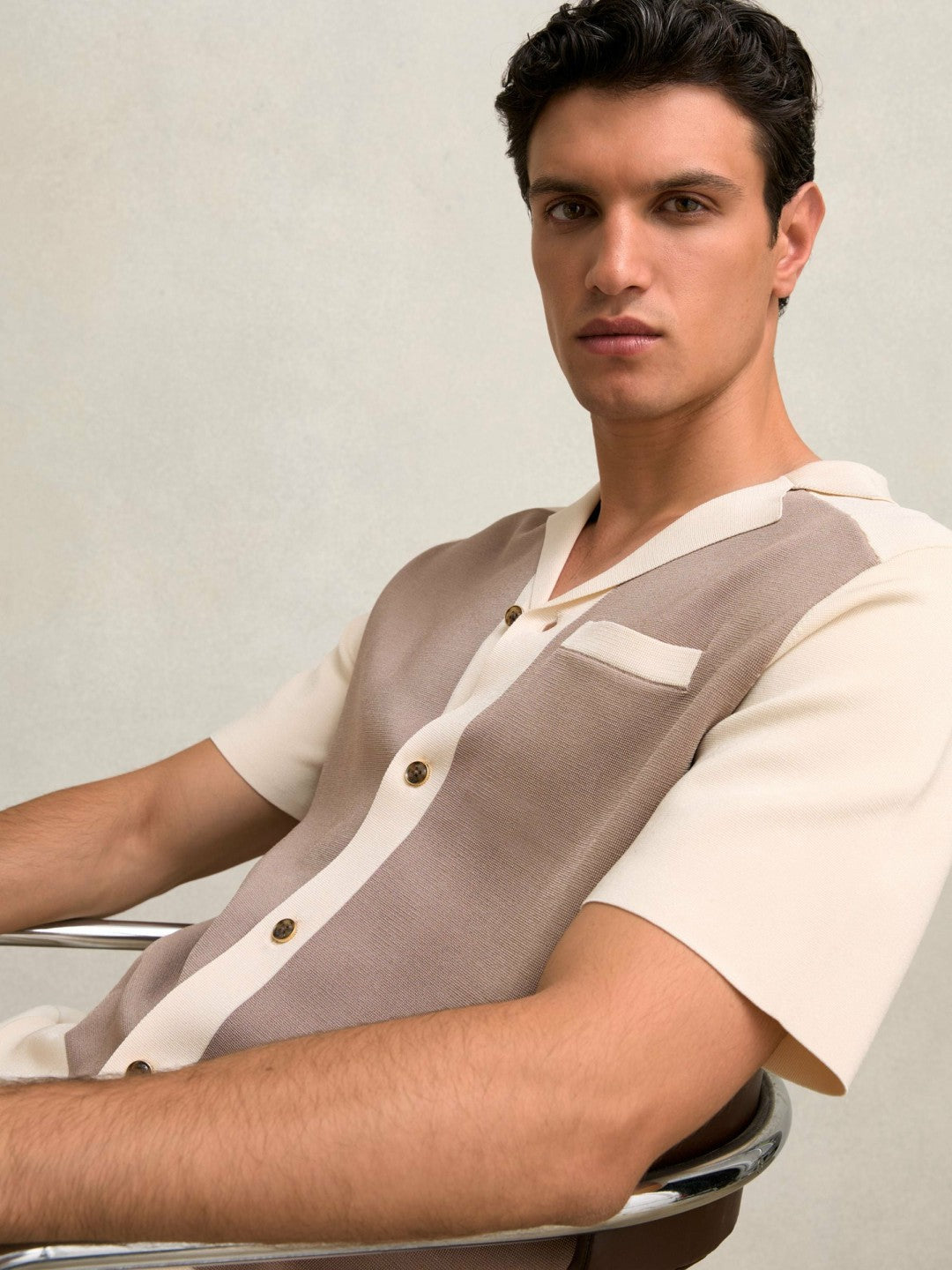 Colour-Block Cuban-Collar Knit Shirt Taupe Brown/Light Stone | Mens
