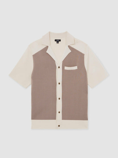 Colour-Block Cuban-Collar Knit Shirt Taupe Brown/Light Stone | Mens