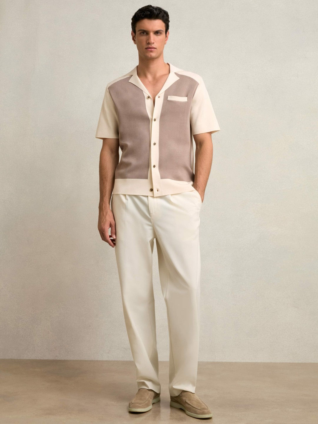 Colour-Block Cuban-Collar Knit Shirt Taupe Brown/Light Stone | Mens