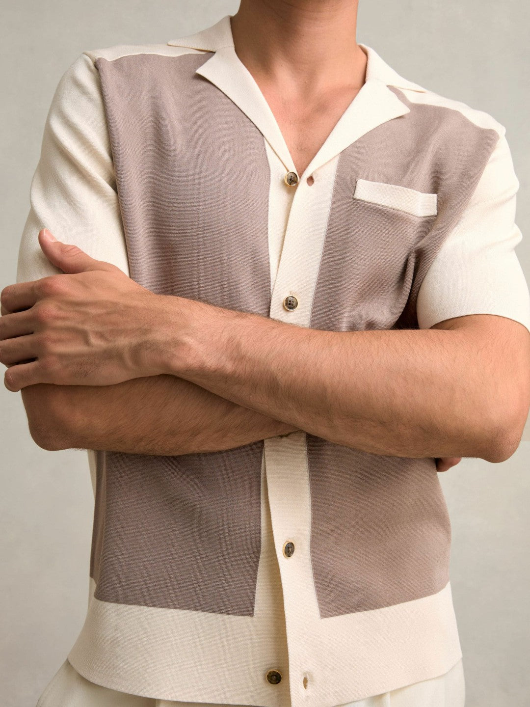 Colour-Block Cuban-Collar Knit Shirt Taupe Brown/Light Stone | Mens