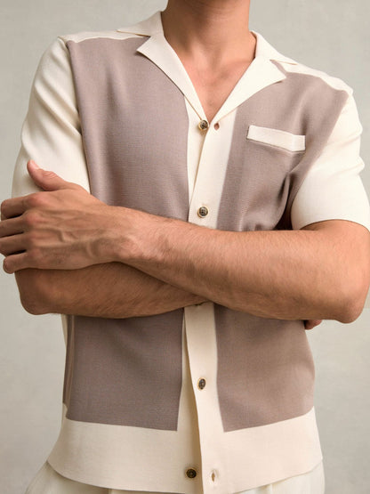 Colour-Block Cuban-Collar Knit Shirt Taupe Brown/Light Stone | Mens
