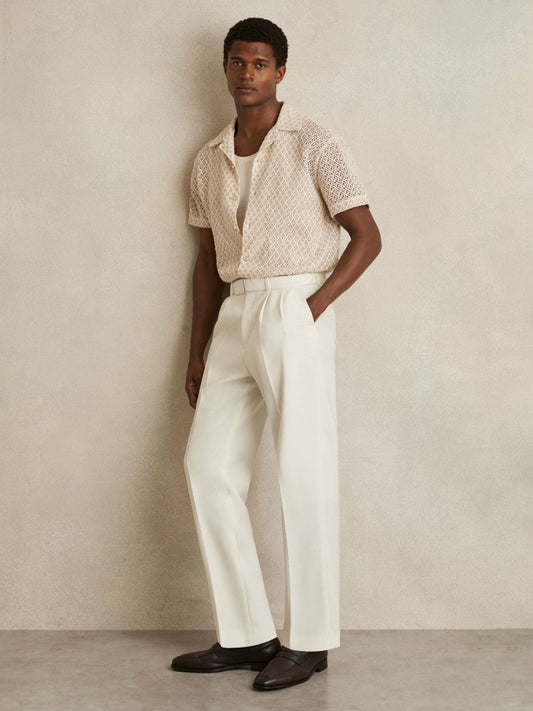 Wool-Blend Belted Pleated Trousers Regular-Fit White | Mens