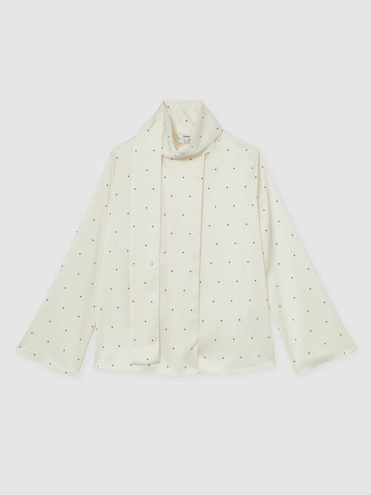 Satin Polka Dot Tie Neck Blouse Ivory | Womens