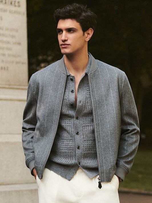 Wool-Blend Chalk-Stripe Bomber Jacket Grey | Mens