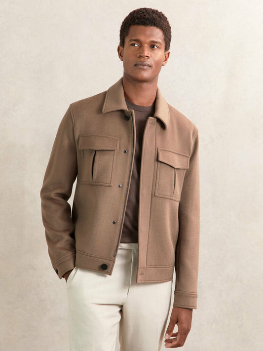 Wool Blend Twin Pocket Zipped Jacket Dark Brown | Mens