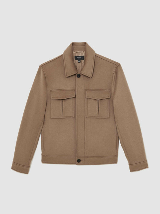Wool Blend Twin Pocket Zipped Jacket Dark Brown | Mens