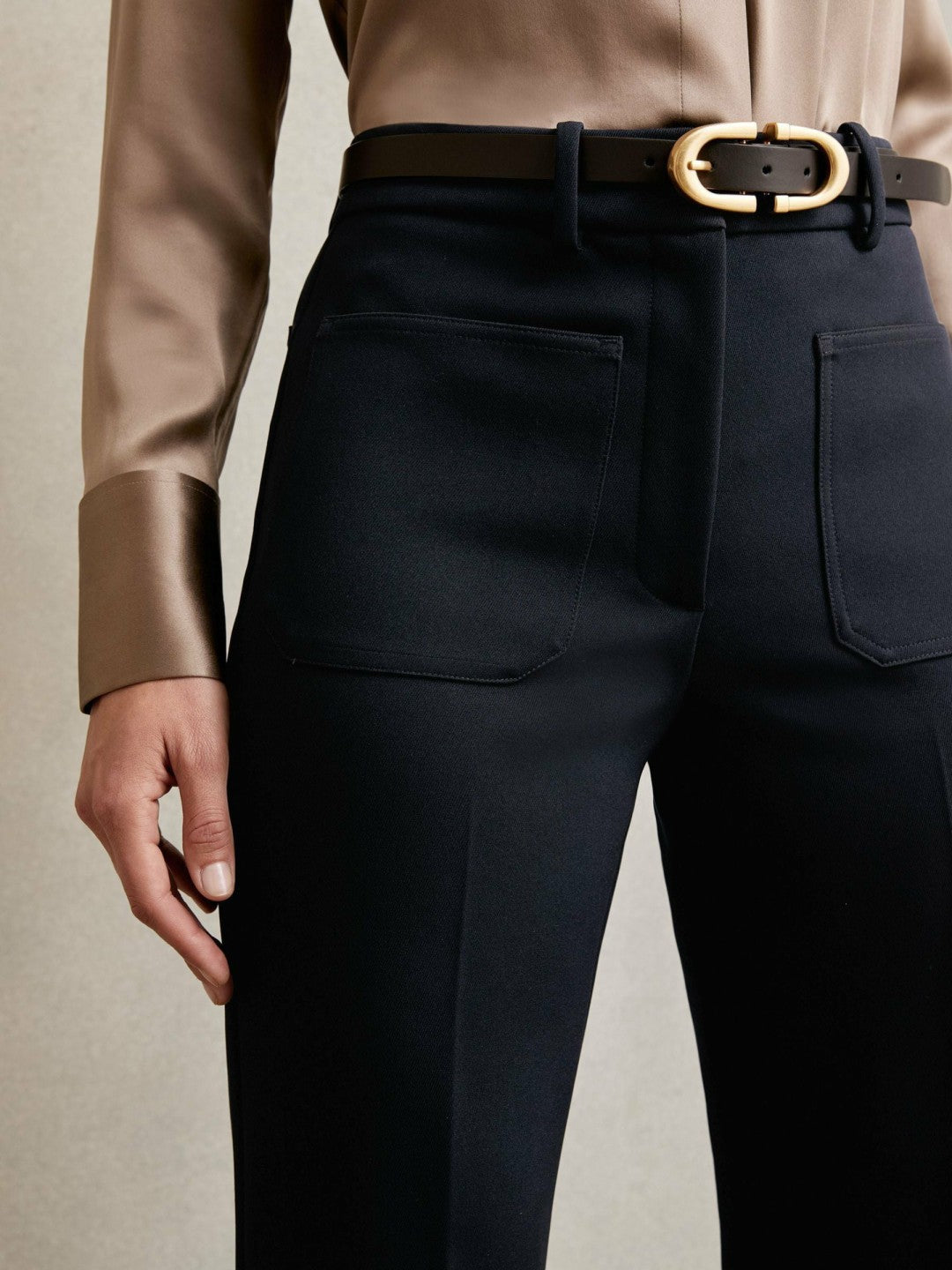Petite Twill Patch-Pocket Flared Trousers Navy | Womens