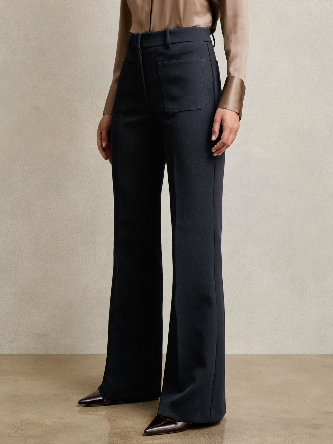 Petite Twill Patch-Pocket Flared Trousers Navy | Womens