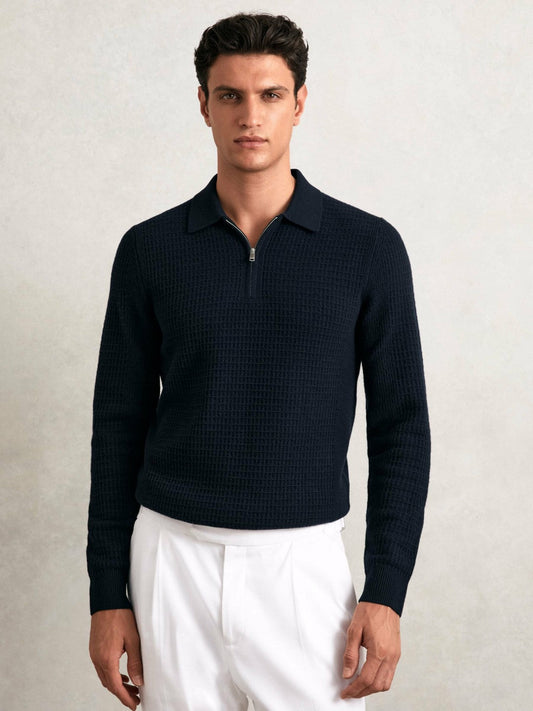Wool Waffle-Knit Half-Zip Polo Shirt Navy | Mens