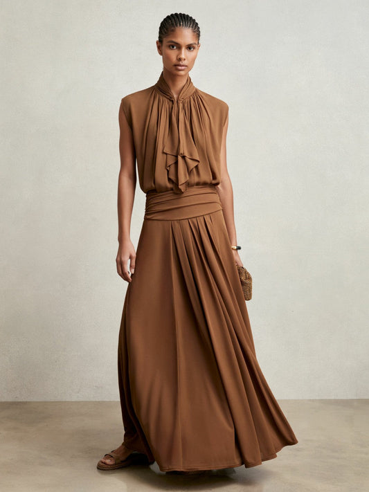 Jersey Ruched-Waist Maxi Skirt Tan Brown | Womens