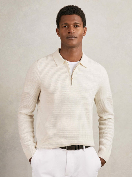 Wool Waffle-Knit Half-Zip Polo Shirt Off White | Mens