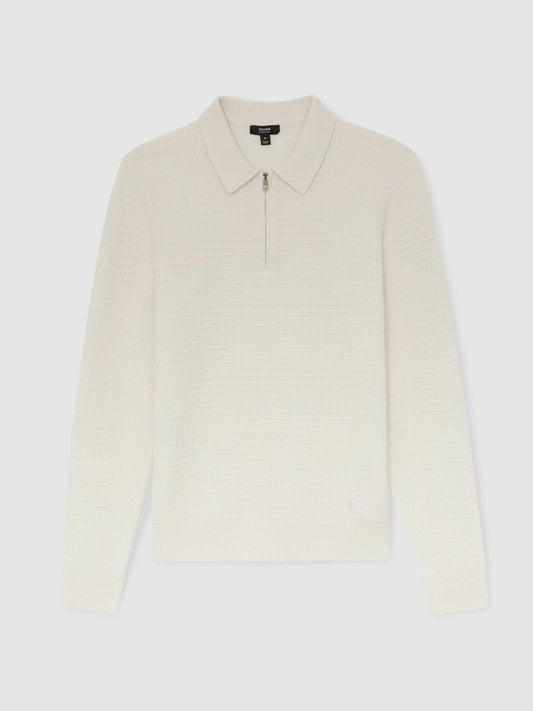 Wool Waffle-Knit Half-Zip Polo Shirt Off White | Mens