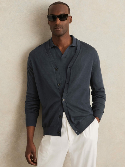 Merino Wool Button-Through Cardigan Midnight Navy | Mens