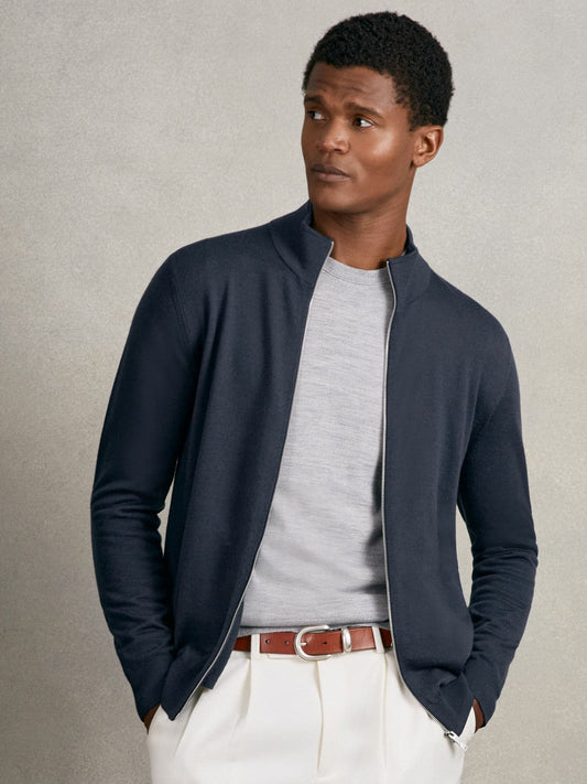 Merino Wool Zip Through Cardigan Midnight Navy | Mens