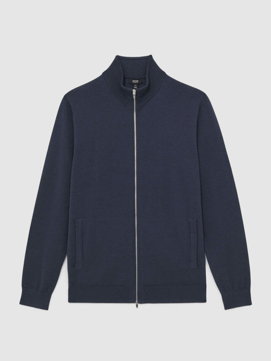 Merino Wool Zip Through Cardigan Midnight Navy | Mens