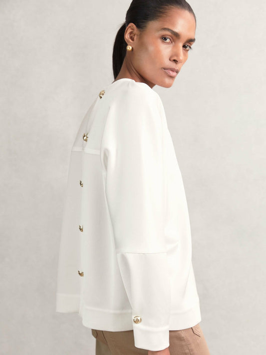 Satin Button-Back Long-Sleeve Top Ivory | Womens