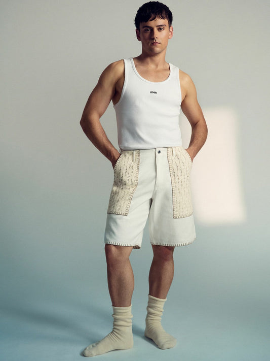 | Tom Daley Crochet Denim Shorts Off White | Mens
