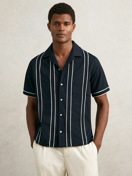 Piped-Stripe Cuban-Collar Shirt Navy/White | Mens
