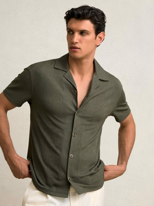 Jacquard-Stripe Cuban-Collar Shirt Dark Green | Mens