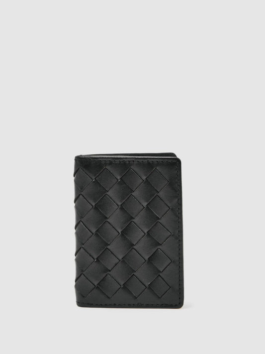 Leather Large Lattice-Effect Cardholder Black | Mens