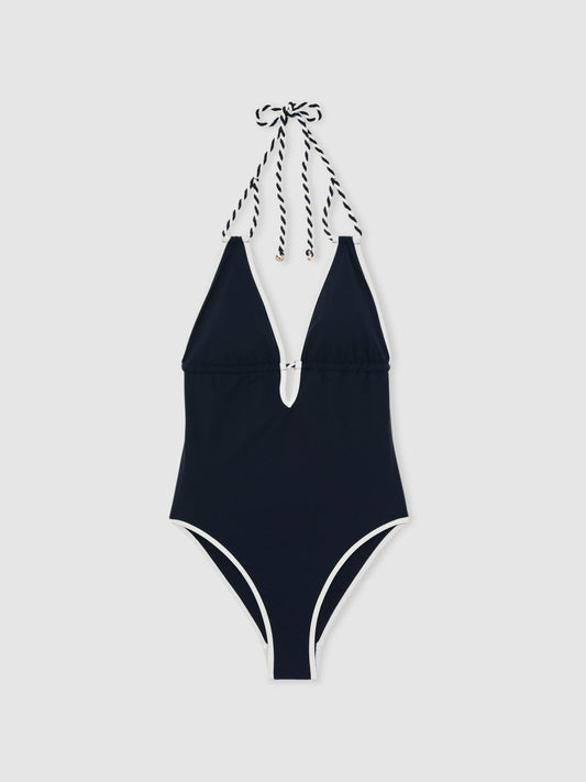 Contrast-Trim Plunge-Neck Swimsuit Navy/White | Womens