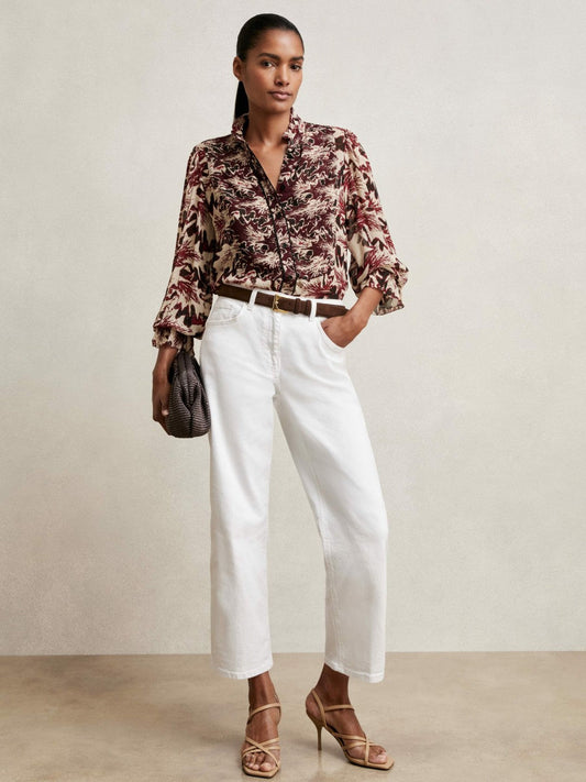 Abstract-Print Ruffle-Neck Shirt Burgundy/Cream | Womens