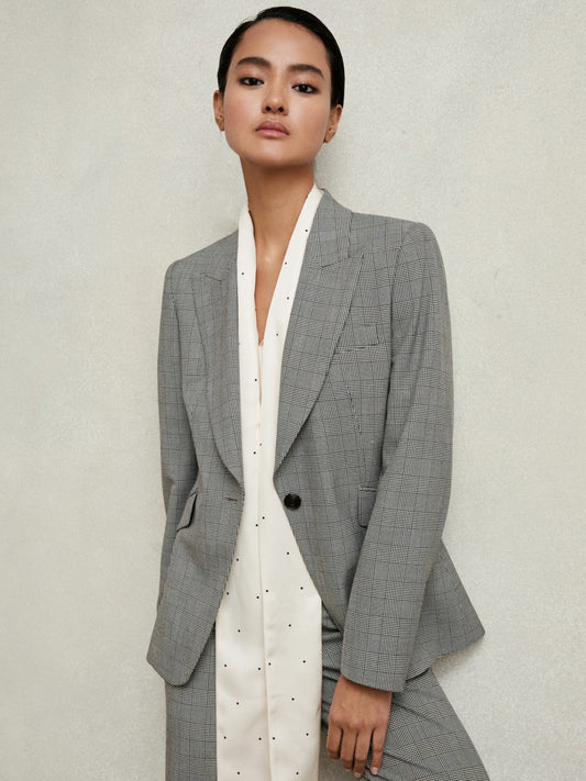 Single-Breasted Check Suit Blazer Grey | Womens