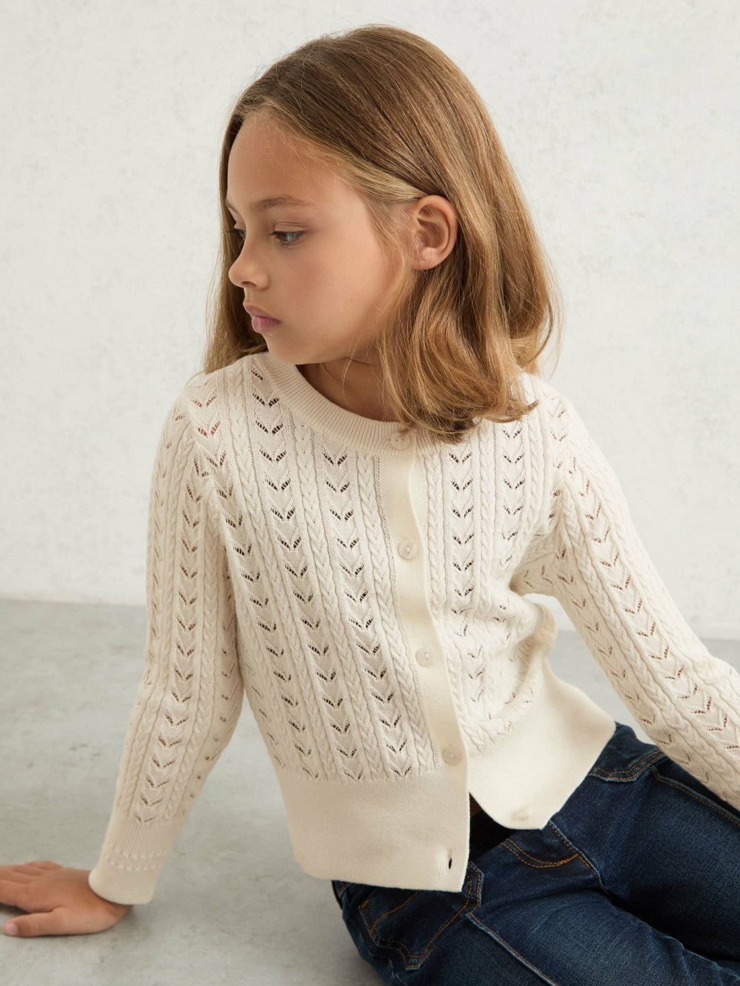 Wool-Cotton Pointelle Cardigan Ivory | Children