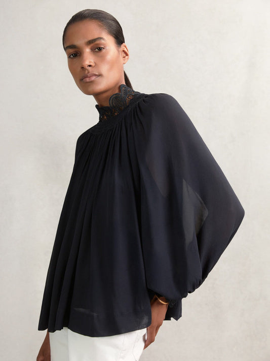 Lace-Trim Draped Chiffon Top Navy | Womens