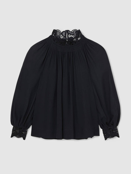 Lace-Trim Draped Chiffon Top Navy | Womens