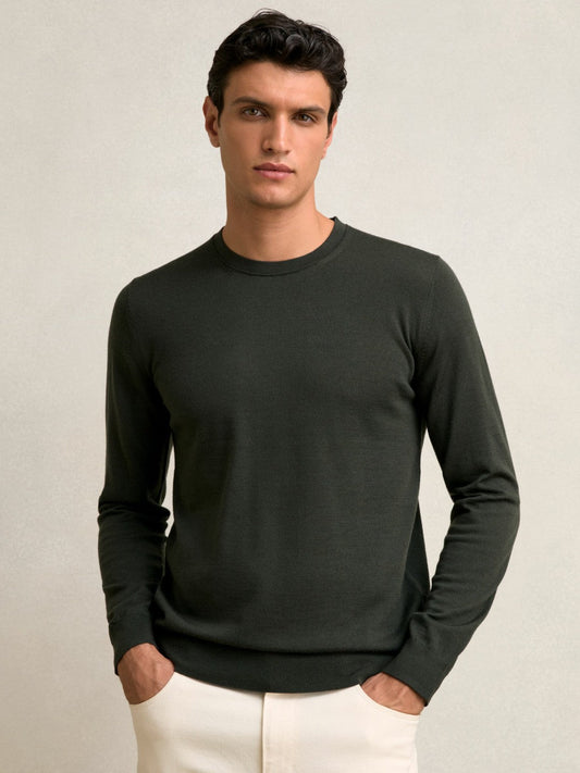 Merino Wool Crew Neck Jumper Dark Military Green | Mens