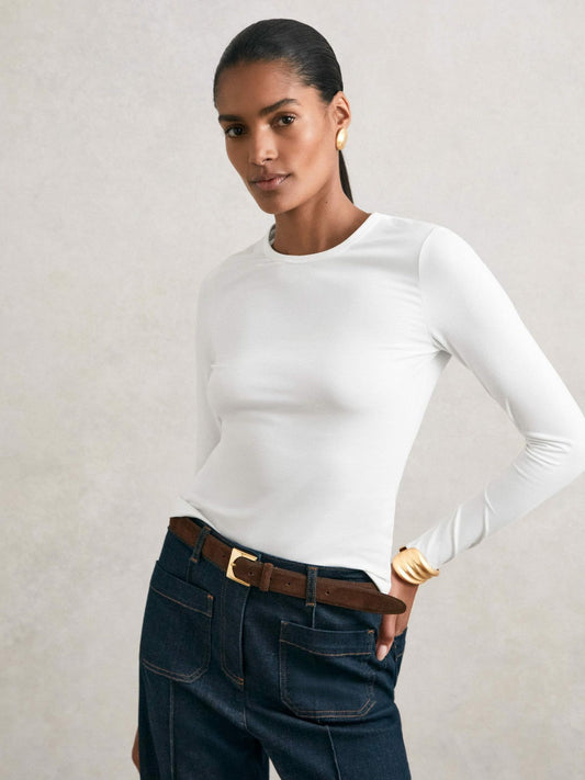 Cotton Crew-Neck Long-Sleeve T-Shirt With Stretch White | Womens