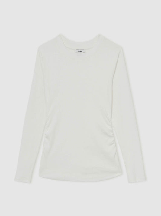 Cotton Long-Sleeve Ruched T-Shirt with Stretch White | Womens